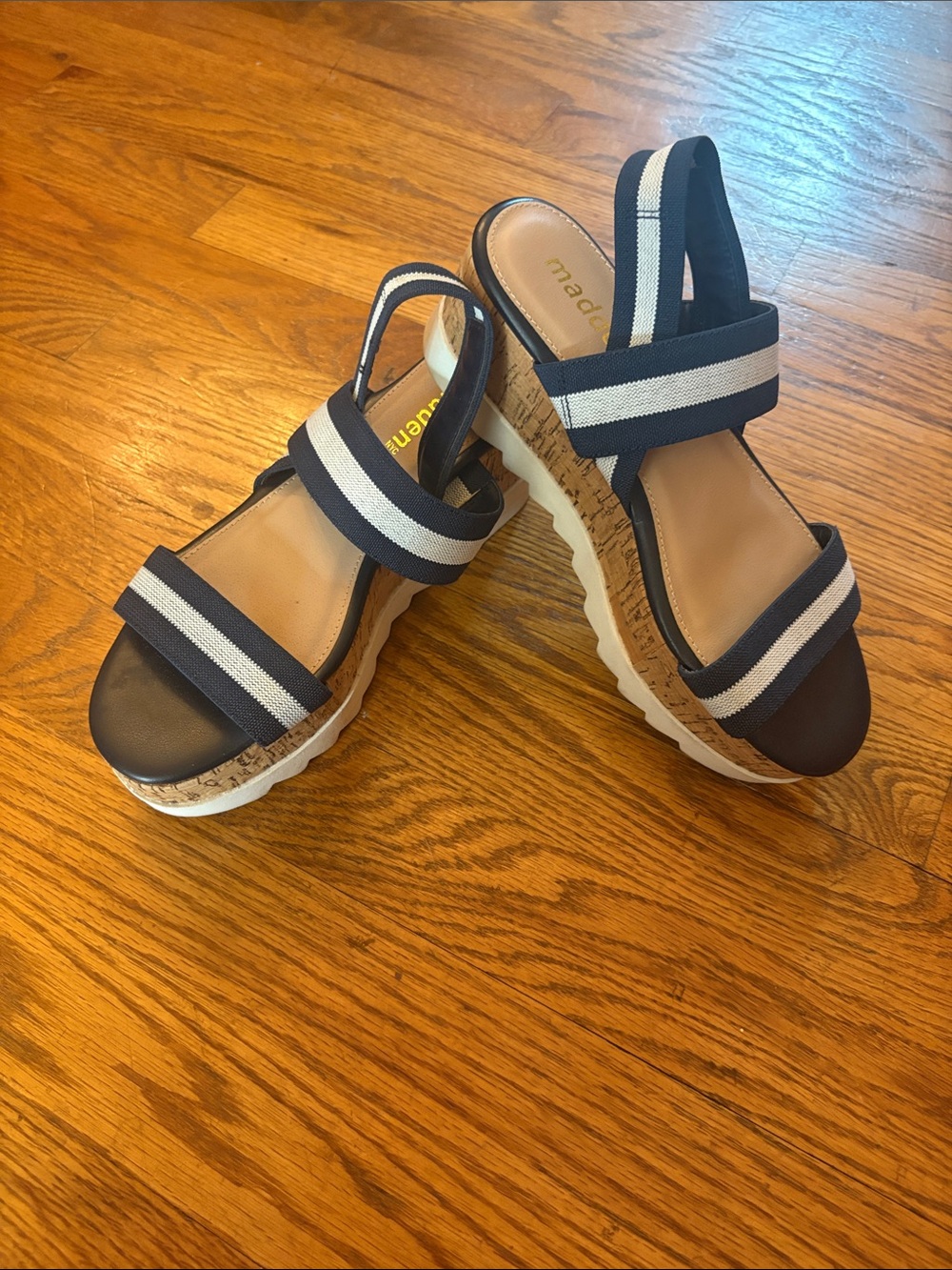 Striped Navy and White Cork-Style Wedge Sandals